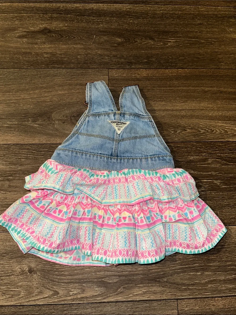 OshKosh B'gosh Denim Overall ruffle dress with Pink and Aqua Pattern